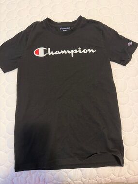 Champion Black Short Sleeve Logo Tee with Red Accent